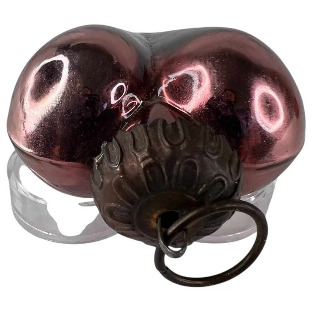 2 Modern Kugel Style Heart Shape Glass Christmas Ornament‎ Red Purple Metal Caps